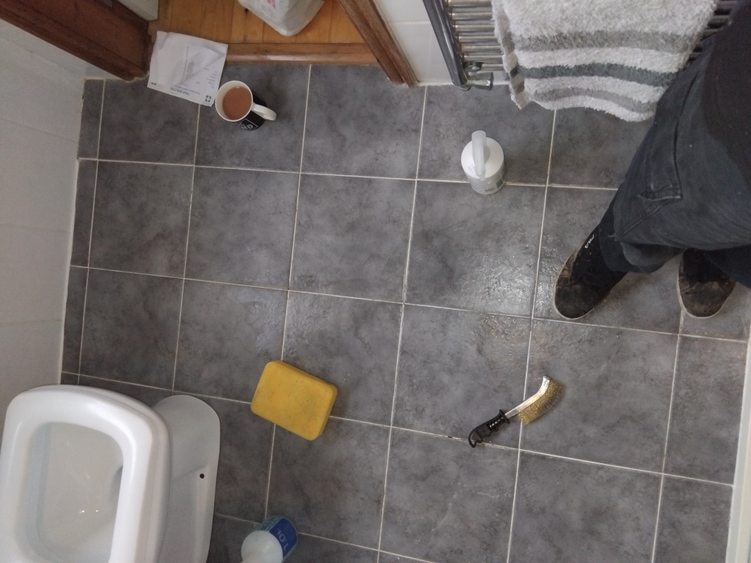 Dirty Porcelain Tiled Shower Room Floor During Grout Cleaning Leominster
